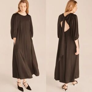 Rebecca Taylor Black Satin Open Back 3/4 Sleeve Tie Bow Midi Dress $565 Size S